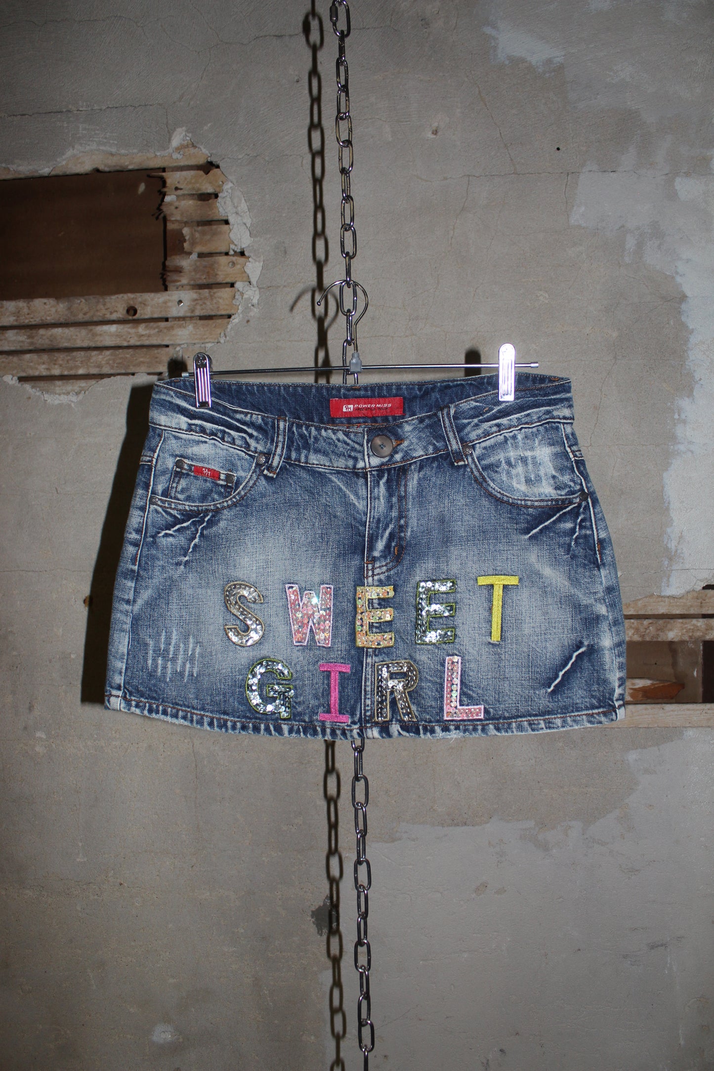 EURO LABEL SEQUIN DENIM MINI SKIRT